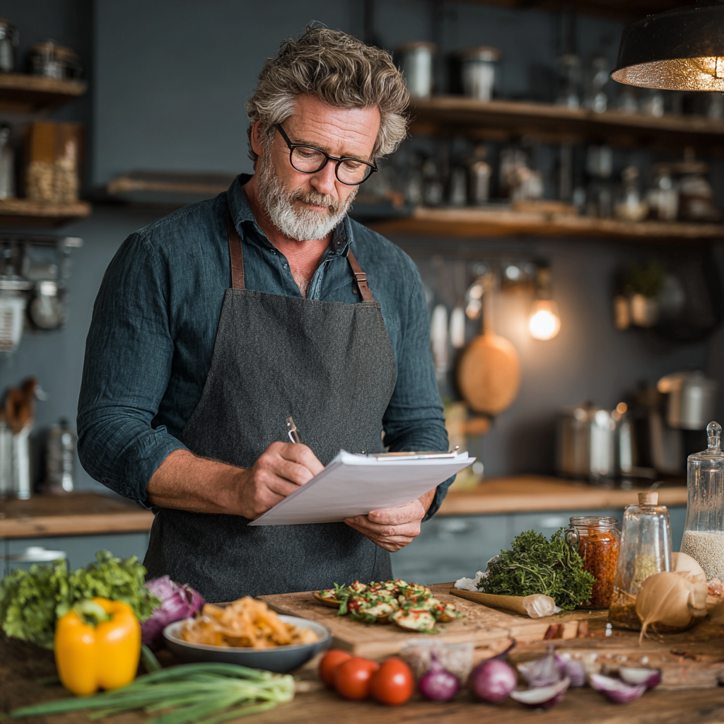 Чоловік 58 років на кухні готує здорову страву за рецептом з додатку jaltruskin, демонструє задоволення від процесу приготування персоналізованого меню
