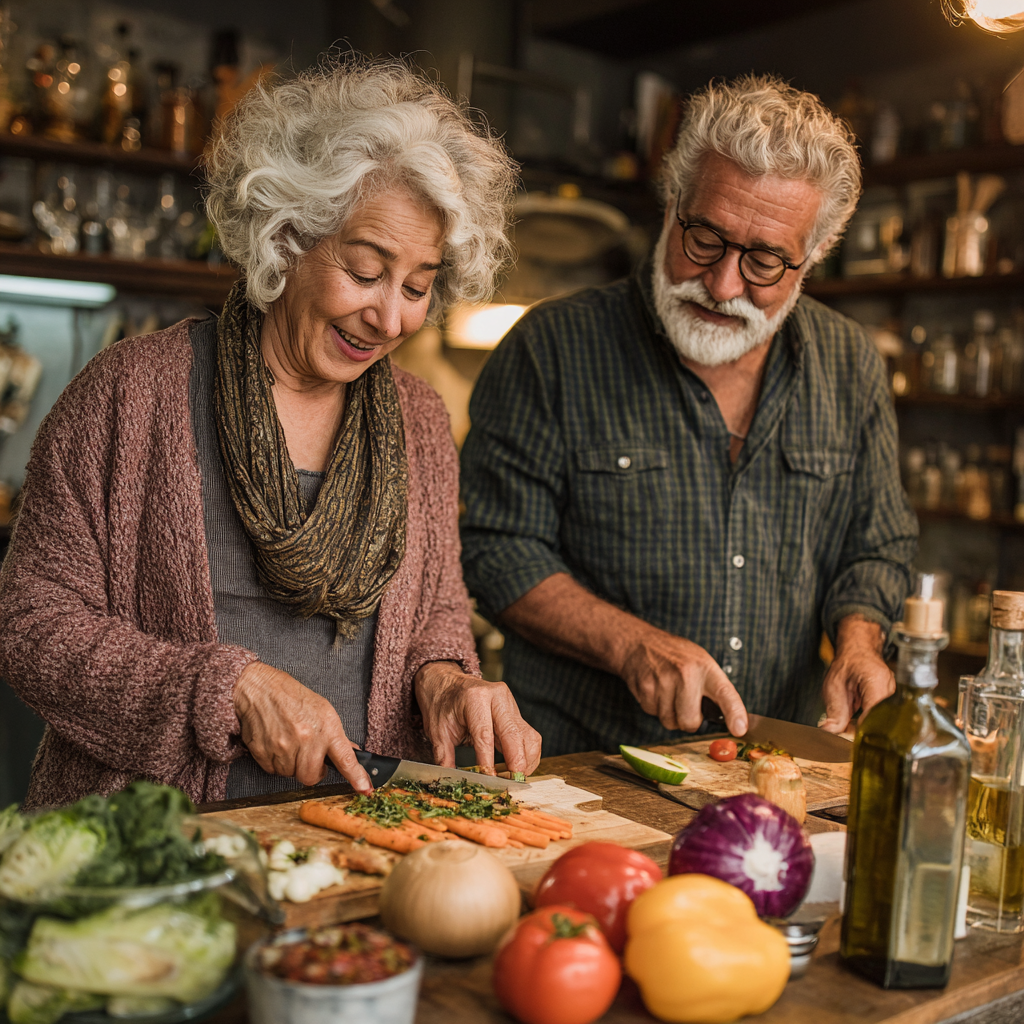 Подружжя віком близько 60 років разом готує здорову вечерю, використовуючи рецепти з безкоштовної пробної програми jaltruskin, демонструють радість від спільного приготування їжі