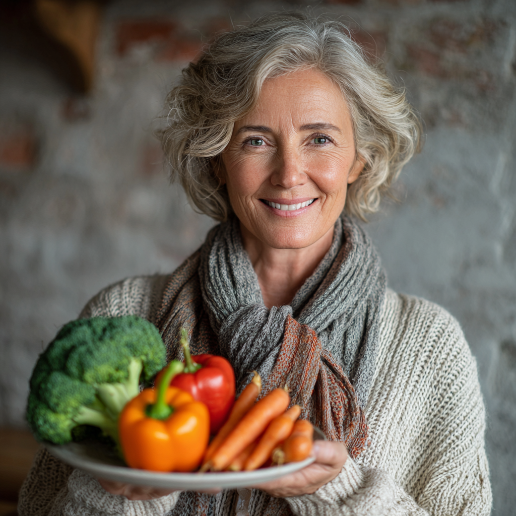 Активна жінка 55 років тримає тарілку зі здоровою їжею, посміхається та демонструє енергійність після дотримання персонального плану харчування jaltruskin